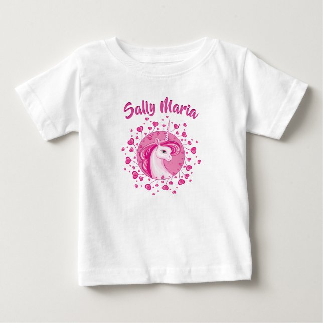 T-shirt Pour Bébé Licorne Rose Et Cœurs Initialisés (Devant)
