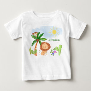 T-shirt Pour Bébé Lion et singe dans une scène de jungle mignonne