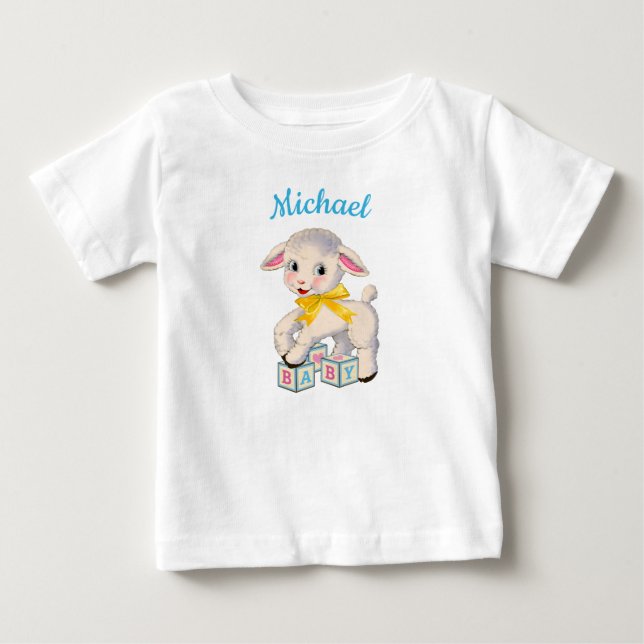 T-shirt Pour Bébé Little Lamb jaune ruban nom personnalisé (Devant)