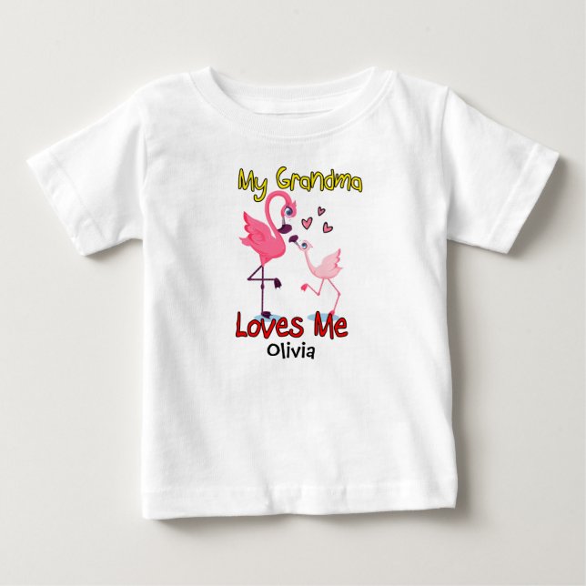T-shirt Pour Bébé Ma grand-mère m'aime Flamant rose (Devant)