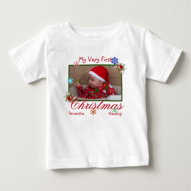 T-shirt Pour Bébé Ma toute première photo de Noël personnalisée (Devant)