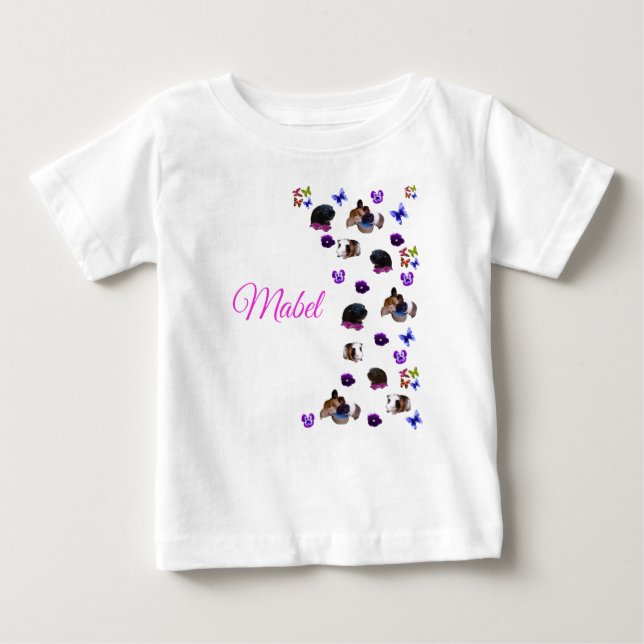 T-shirt Pour Bébé Mabel, Nom, Avec Cochons d'Inde Et Pensées, (Devant)