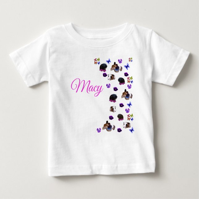 T-shirt Pour Bébé Macy, Nom, Avec Cochons d'Inde Et Pensées, (Devant)