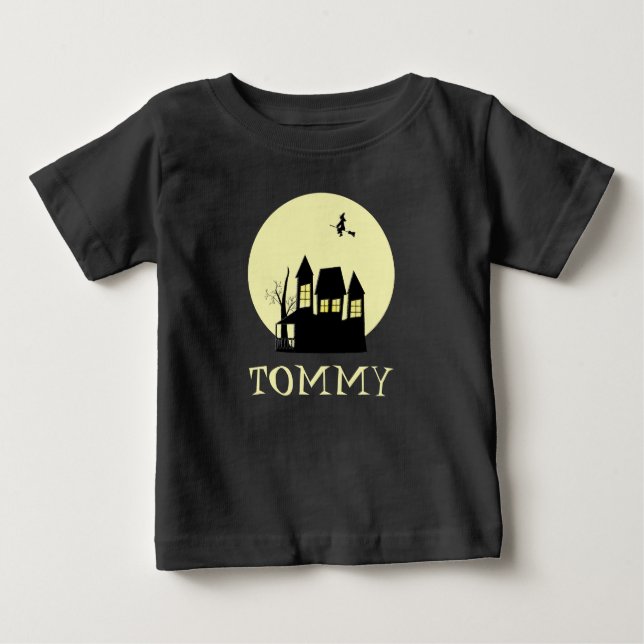 T-shirt Pour Bébé Maison hantée éffrayante avec Sorcière volante (Devant)