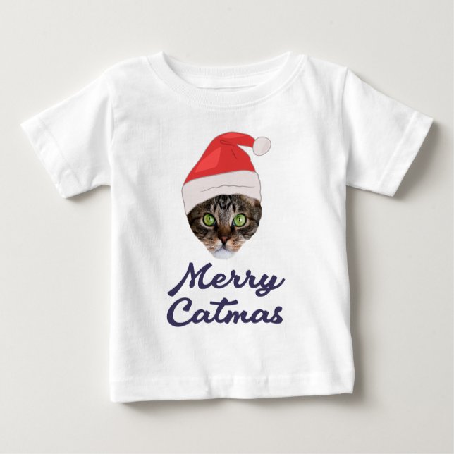 T-shirt Pour Bébé Merry Catmas, Noël Chat Santa hat Invitation (Devant)