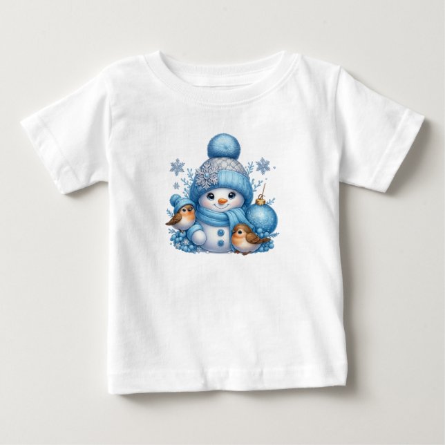 T-shirt Pour Bébé Merry Christmas Snowman With Birds Holiday Tee (Devant)