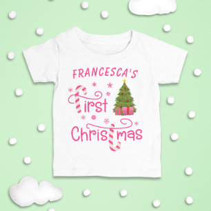 T-shirt Pour Bébé Mes premiers cadeaux de Noël et Arbre de Noël rose