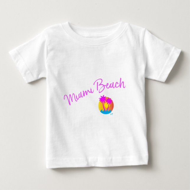 T-shirt Pour Bébé Miami-Beach-logo-soleil-palmiers-rose (Devant)
