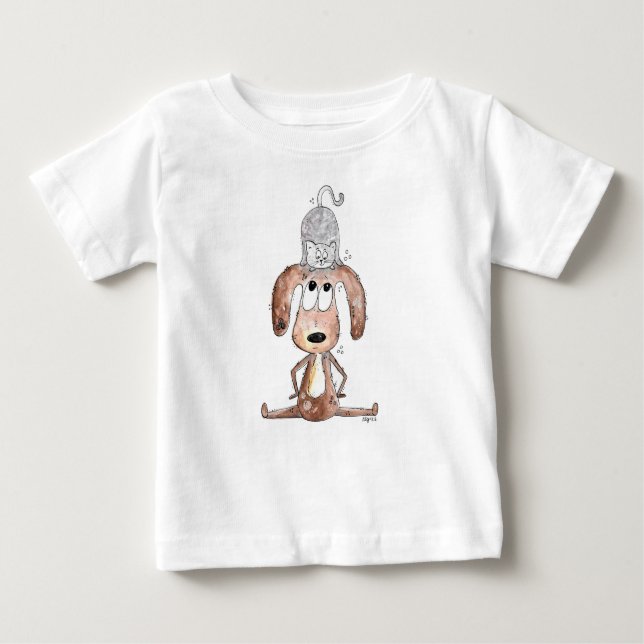 T-shirt Pour Bébé Mignonne chien Whimsical avec chat sur sa tête (Devant)