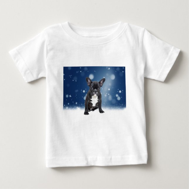 T-shirt Pour Bébé Mignonne French Bulldog Etoiles de neige Bleu Noël (Devant)