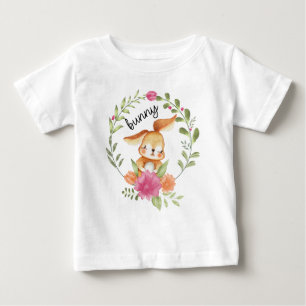 T-shirt Pour Bébé Mignonne lapin d'aquarelle et couronne de fleurs P