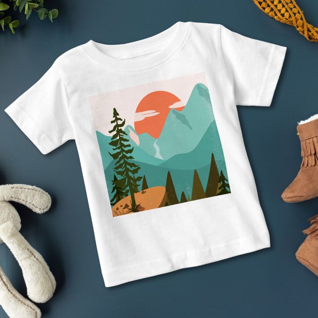 T-shirt Pour Bébé Modern Abstract Forest, Mountains, and Sunrise (Close up)