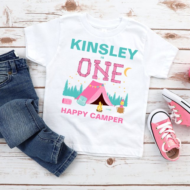 T-shirt Pour Bébé Moderne rose Joyeux anniversaire Camper Thème 1ère (Girls One happy Camper 1st Birthday T-shirt, Baby Girls Camping Themed 1st Birthday T-shirt Pink)