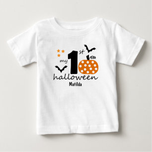 T-shirt Pour Bébé Mon 1er Halloween. Citrouille & chauves-souris. No