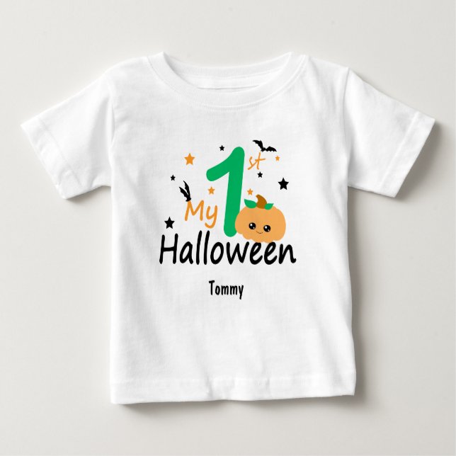 T-shirt Pour Bébé Mon 1er Halloween. Citrouille, Chauves-souris, Nom (Devant)