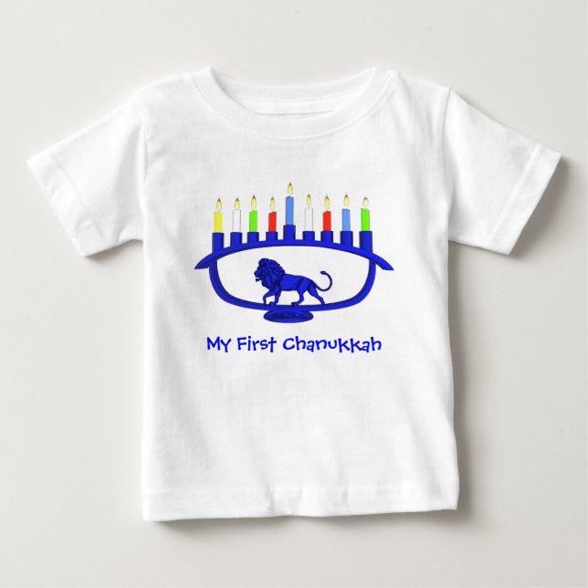 T-shirt Pour Bébé Mon premier Chanukkah Blue Lion Menorah (Devant)