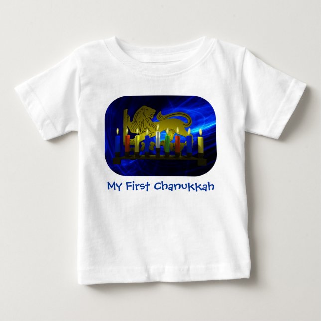 T-shirt Pour Bébé Mon premier Chanukkah laque Lion Menorah (Devant)