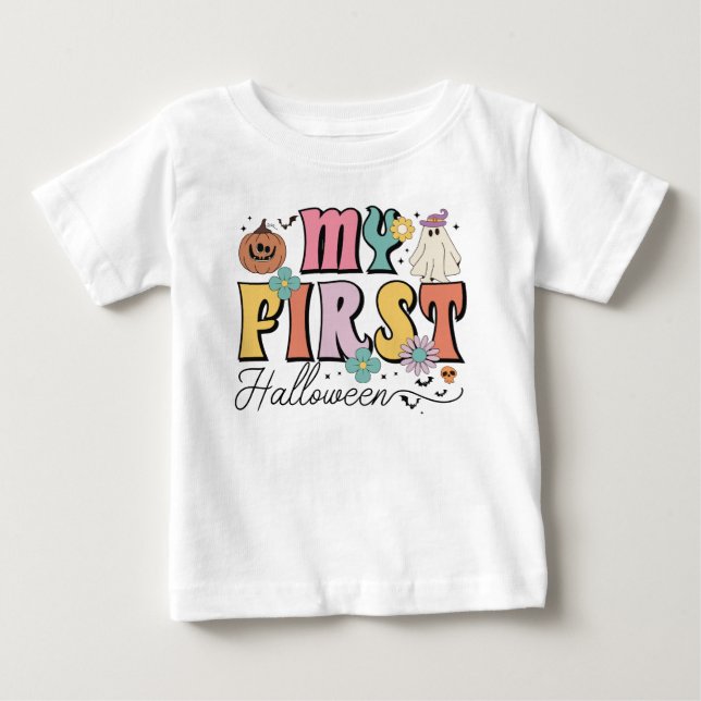 T-shirt Pour Bébé Mon premier Halloween mignon Citrouille Ghost Supe (Devant)