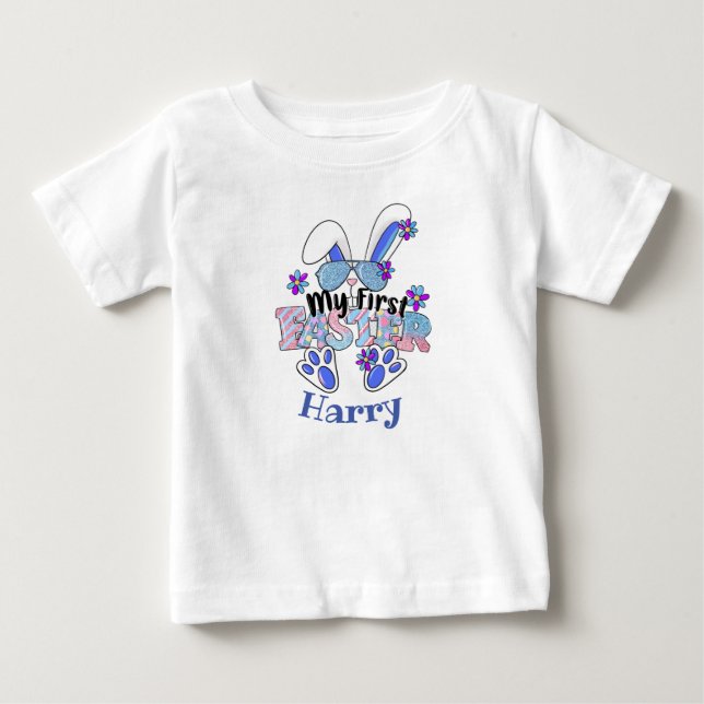 T-shirt Pour Bébé Mon premier lapin bleu mignon de Pâques personnali (Devant)