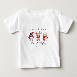 T-shirt Pour Bébé Mon premier Noël mignon Animaux 1er Noël Nom