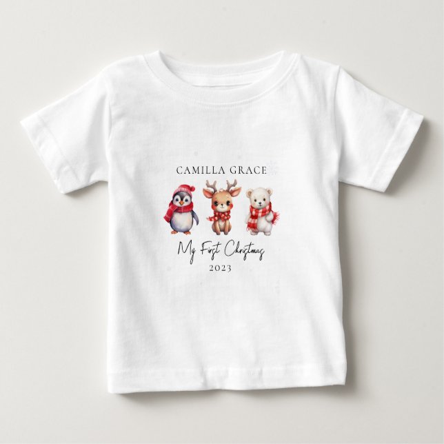 T-shirt Pour Bébé Mon premier Noël mignon Animaux 1er Noël Nom (Devant)