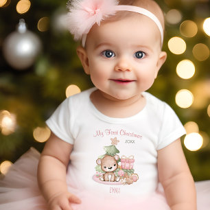 T-shirt Pour Bébé Mon premier nom de Noël Ours Pink sapin de Noël