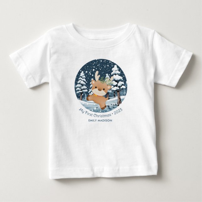 T-shirt Pour Bébé Mon premier petit cerf de Noël en neige (Devant)