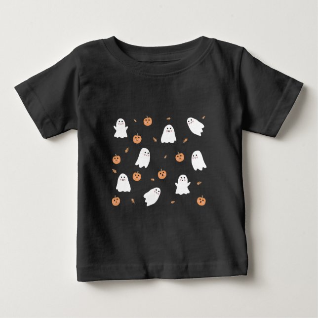 T-shirt Pour Bébé Motif Halloween Citrouille et Fantôme Mignon sur F (Devant)