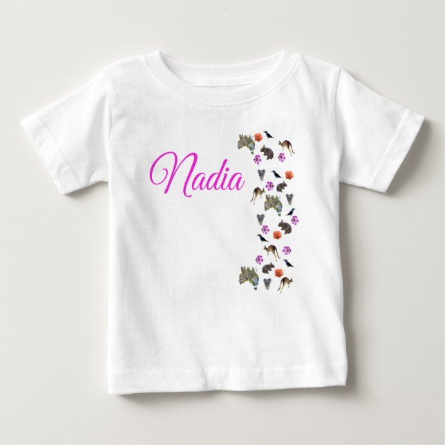 T-shirt Pour Bébé Nadia, logo de nom avec la faune australienne,  (Devant)