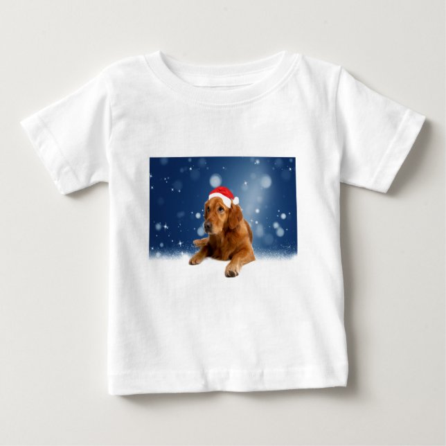 T-shirt Pour Bébé Noël Mignonne Golden Retriever Chien Santa Hat Nei (Devant)