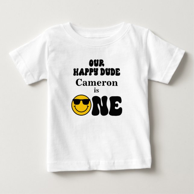 T-shirt Pour Bébé Noir Blanc Jaune Notre Joyeux Mec 1er Anniversaire (Devant)