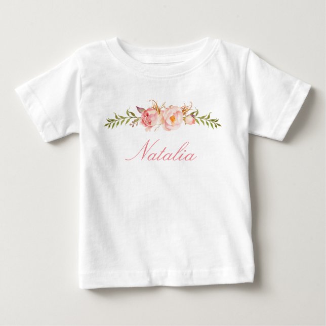 T-shirt Pour Bébé Nom personnalisé Baby Girl Aquarelle Floral-13 (Devant)