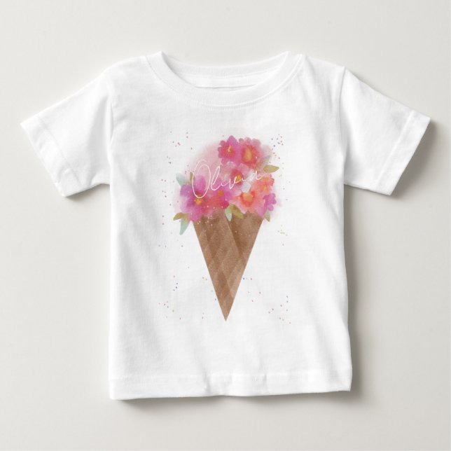 T-shirt Pour Bébé Nom personnalisé Cone de crème glacée florale (Devant)