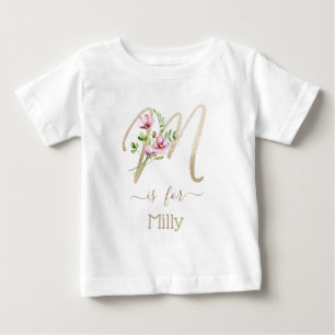 T-shirt Pour Bébé Nom personnalisé Faux Gold Fleurs d'aquarelle init