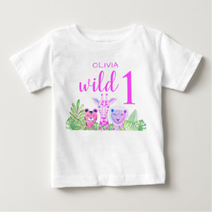 T-shirt Pour Bébé Nom personnalisé Fille Rose Une Sauvage Animaux de