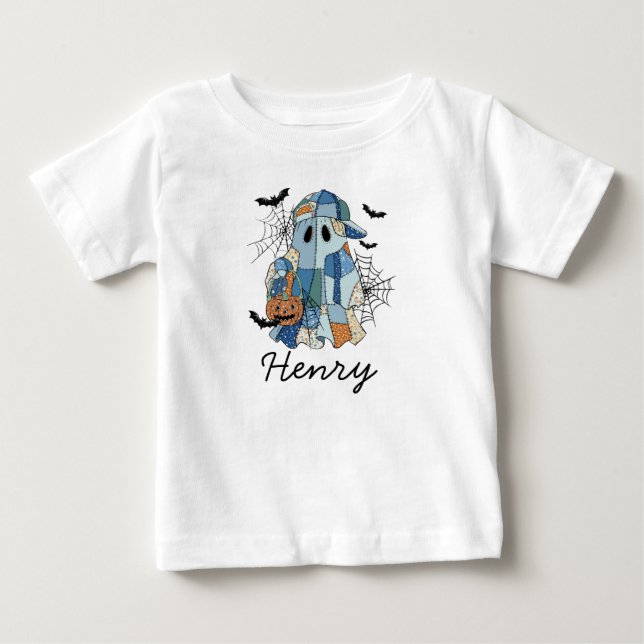 T-shirt Pour Bébé Nom personnalisé Halloween Ghost Boy Toddler & (Devant)