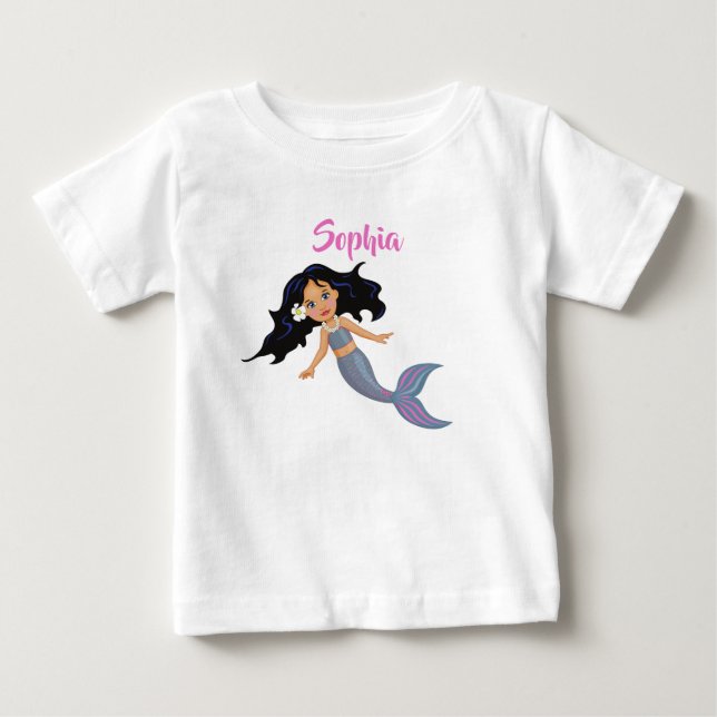 T-shirt Pour Bébé Nom personnel mignon de sirène cheveux foncés rose (Devant)