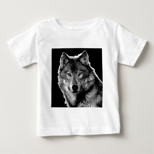 T-shirt Pour Bébé Oeuvre de Loup noir et blanc (Devant)