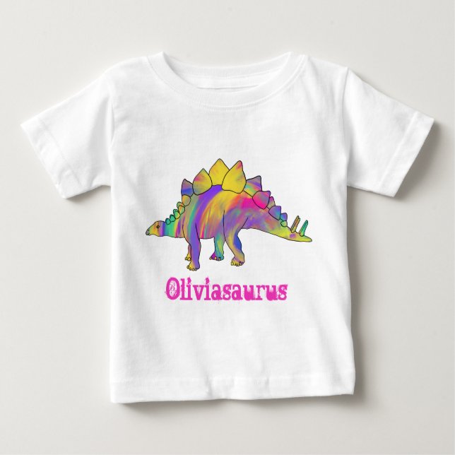 T-shirt Pour Bébé Olivia Saurus Colorée Stegosaurus Dinosaur Art (Devant)
