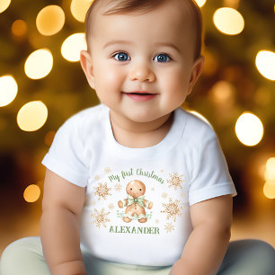 T-shirt Pour Bébé Pain d'épices Homme Vert Beige Premier Noël