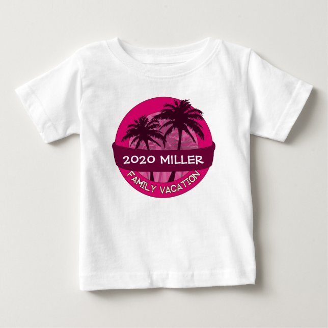 T-shirt Pour Bébé Palmier rose personnalisé nom d'année de vacances (Devant)
