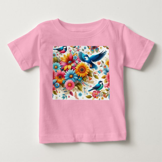 T-shirt Pour Bébé Papillons colorés tendance Oiseaux Fleurs rose (Devant)