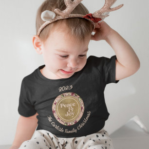 T-shirt Pour Bébé Peace & Joy Pink Gold Nom de famille Noël