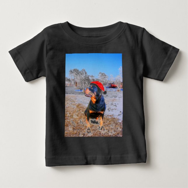 T-shirt Pour Bébé Peinture de Noël de chien Rottweiler (Devant)