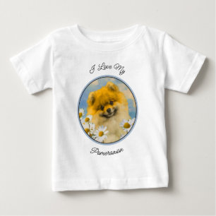 T-shirt Pour Bébé Peinture de Pomeranian dans les Pâquerettes - Art