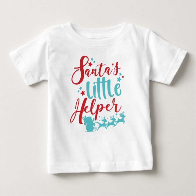 T-shirt Pour Bébé Père Noël Little Helper, Sleigh, Reindeer, Étoiles (Devant)