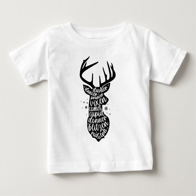 T-shirt Pour Bébé Père Noël rennes de Noël, noir et blanc (Devant)