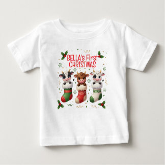 T-shirt Pour Bébé Personalized Baby's First Cow Christmas Tee