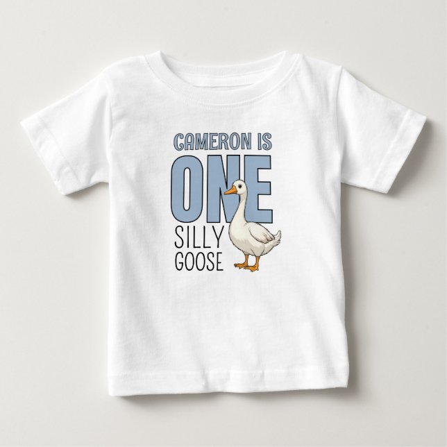 T-shirt Pour Bébé Personalized Blue One Silly Goose First Birthday (Devant)