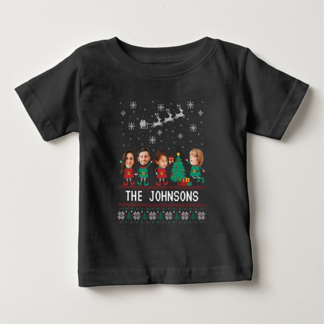 T-shirt Pour Bébé Personnalisé Funny Face Photo Noël Famille d'elfes (Devant)